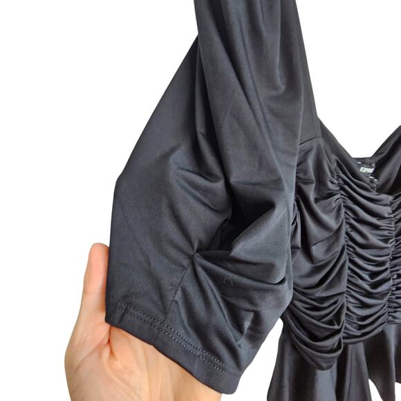 Express Blouse Peplum Blouse Puff Sleeve Blouse Ruched Blouse XL Black NEW - Picture 4 of 11